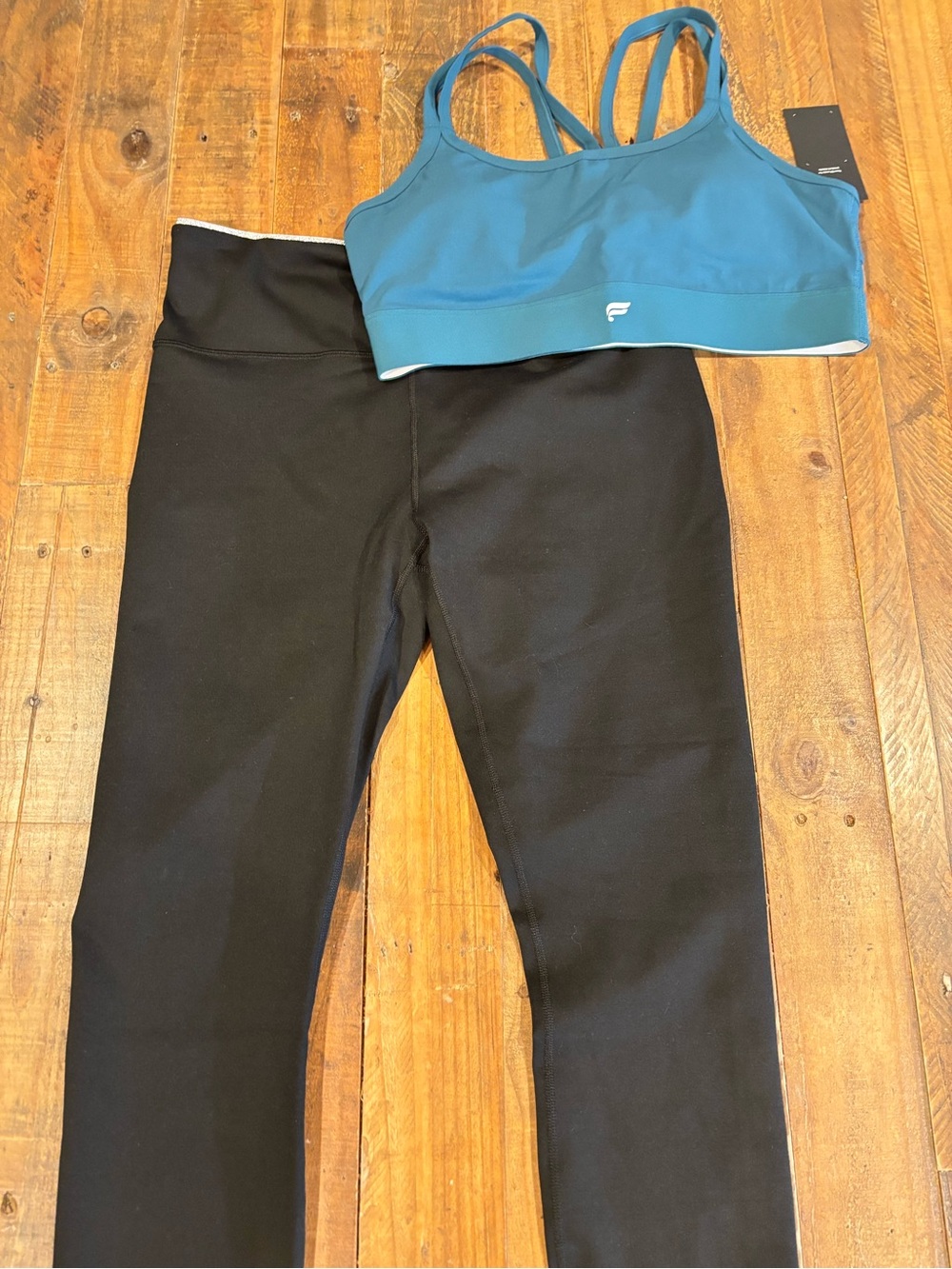 Fabletics Black Leggings with Teal Sports Bra